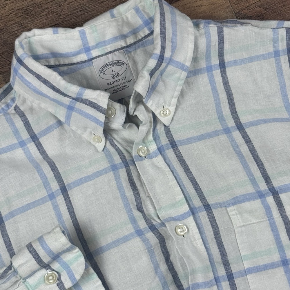 Brooks Brothers Shirt Mens L Blue Plaid Linen Long Sleeve Button Front Casual